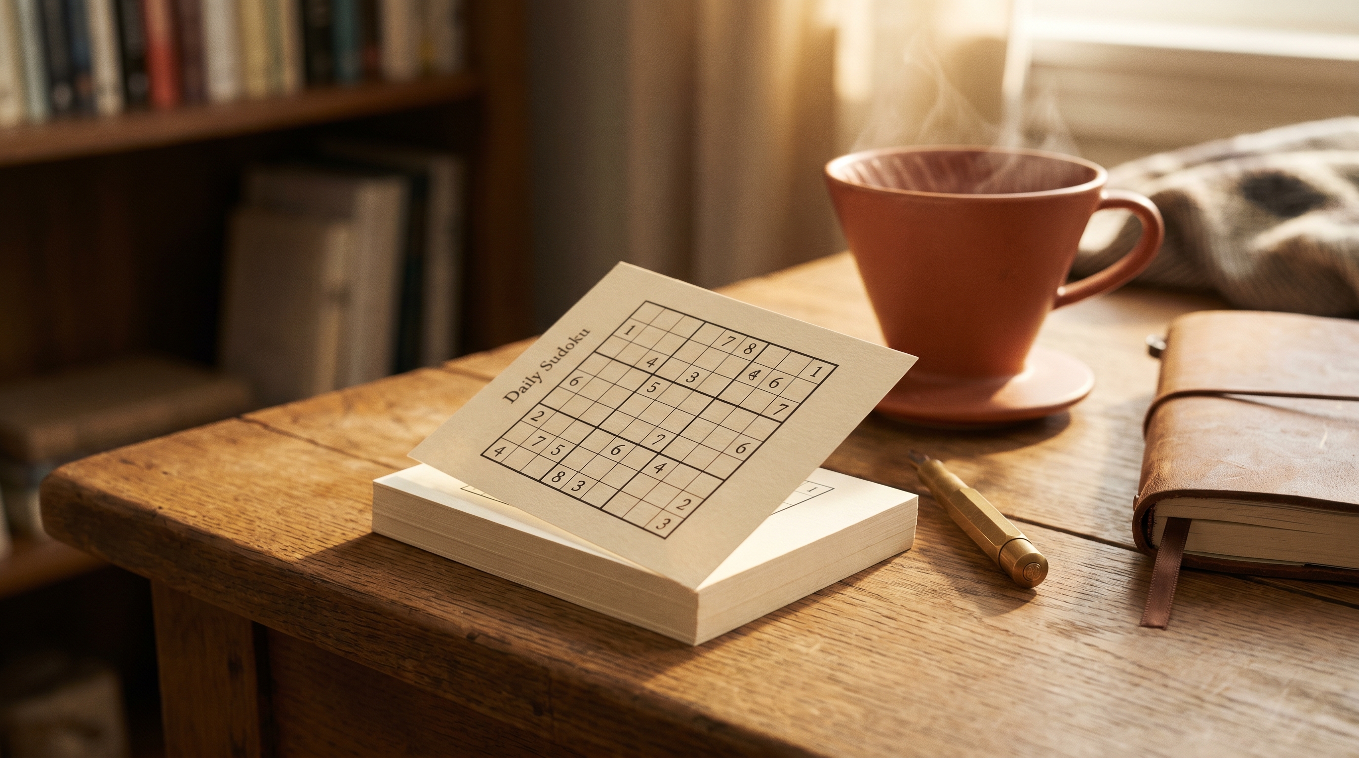 A stack of daily puzzle cards on a warm desk.