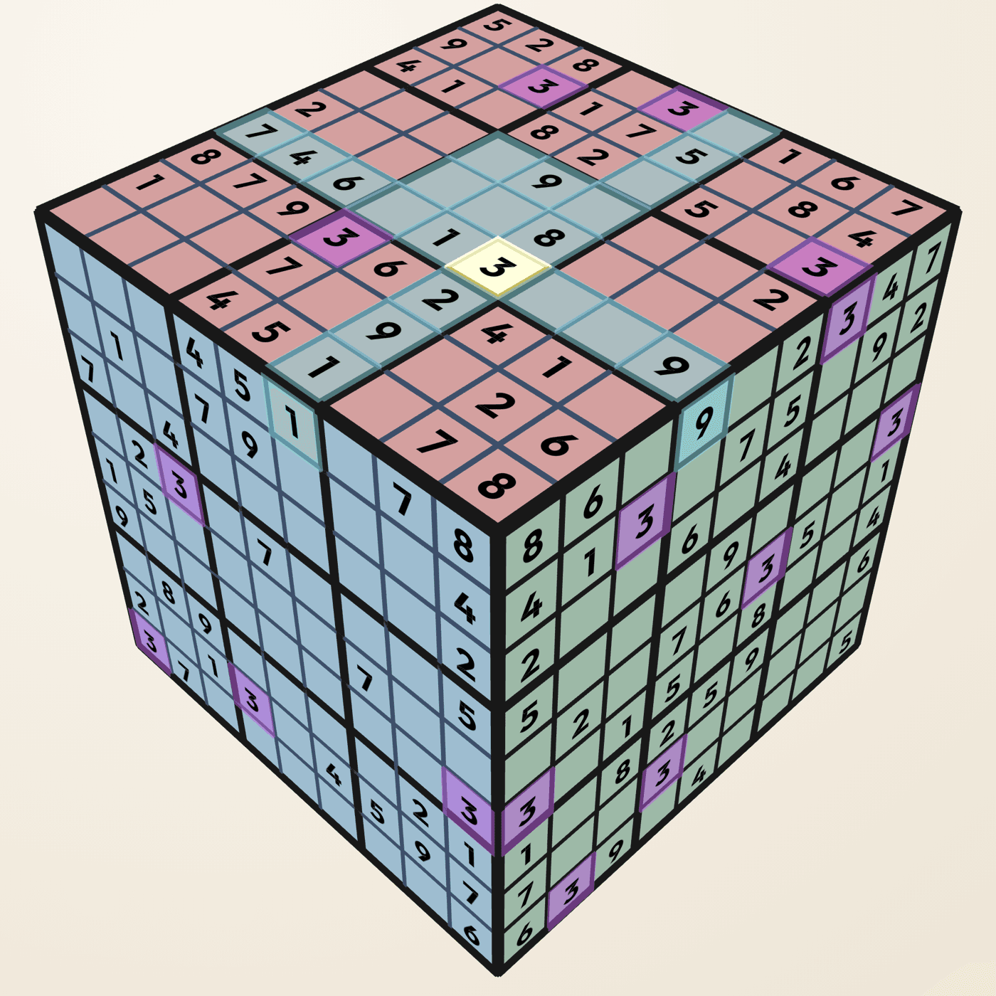 The 9×9 ZudoCube mid-solve in the browser: a selected cell with its row and column highlighted across three faces, and every 3 on the cube lit up