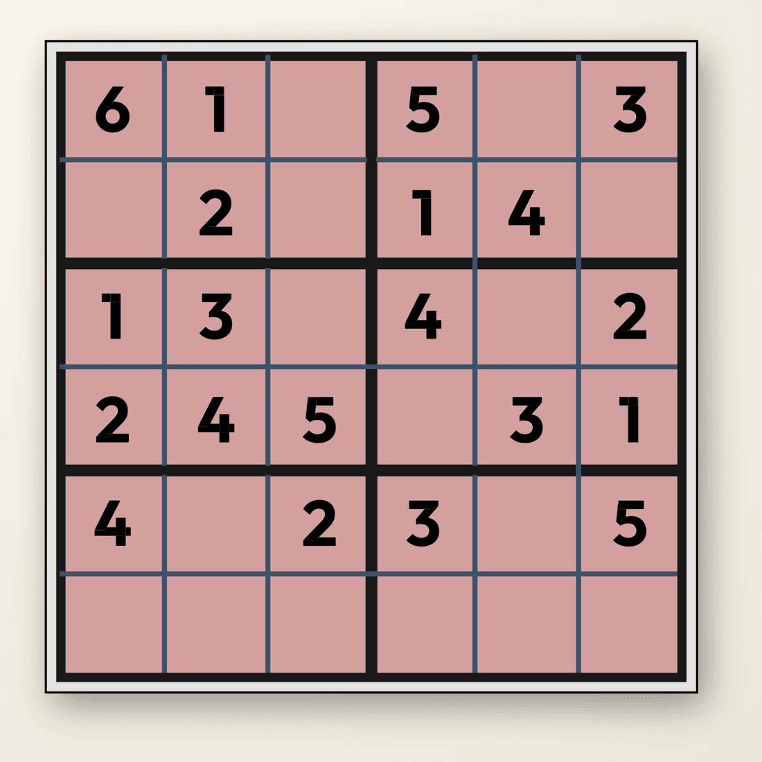 A real render of a 6×6 traditional Sudoku grid mid-solve, with rectangular 2×3 boxes