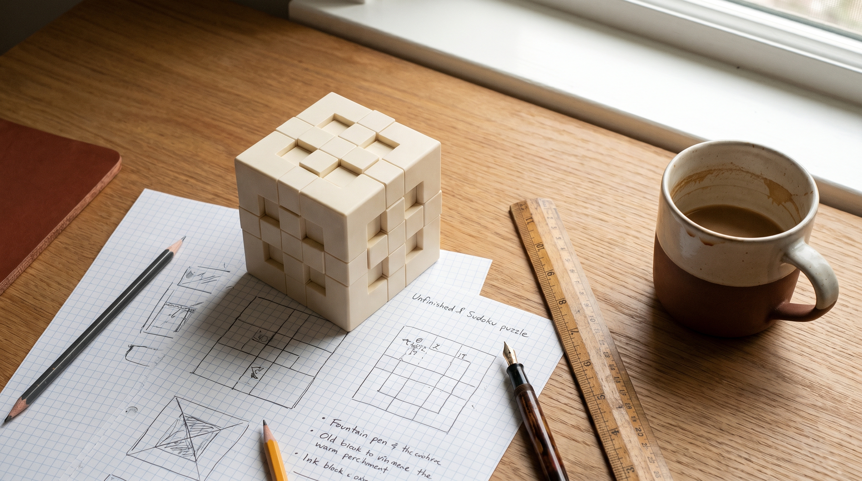 A maker's desk: cube, graph paper sketches, fountain pen, coffee.