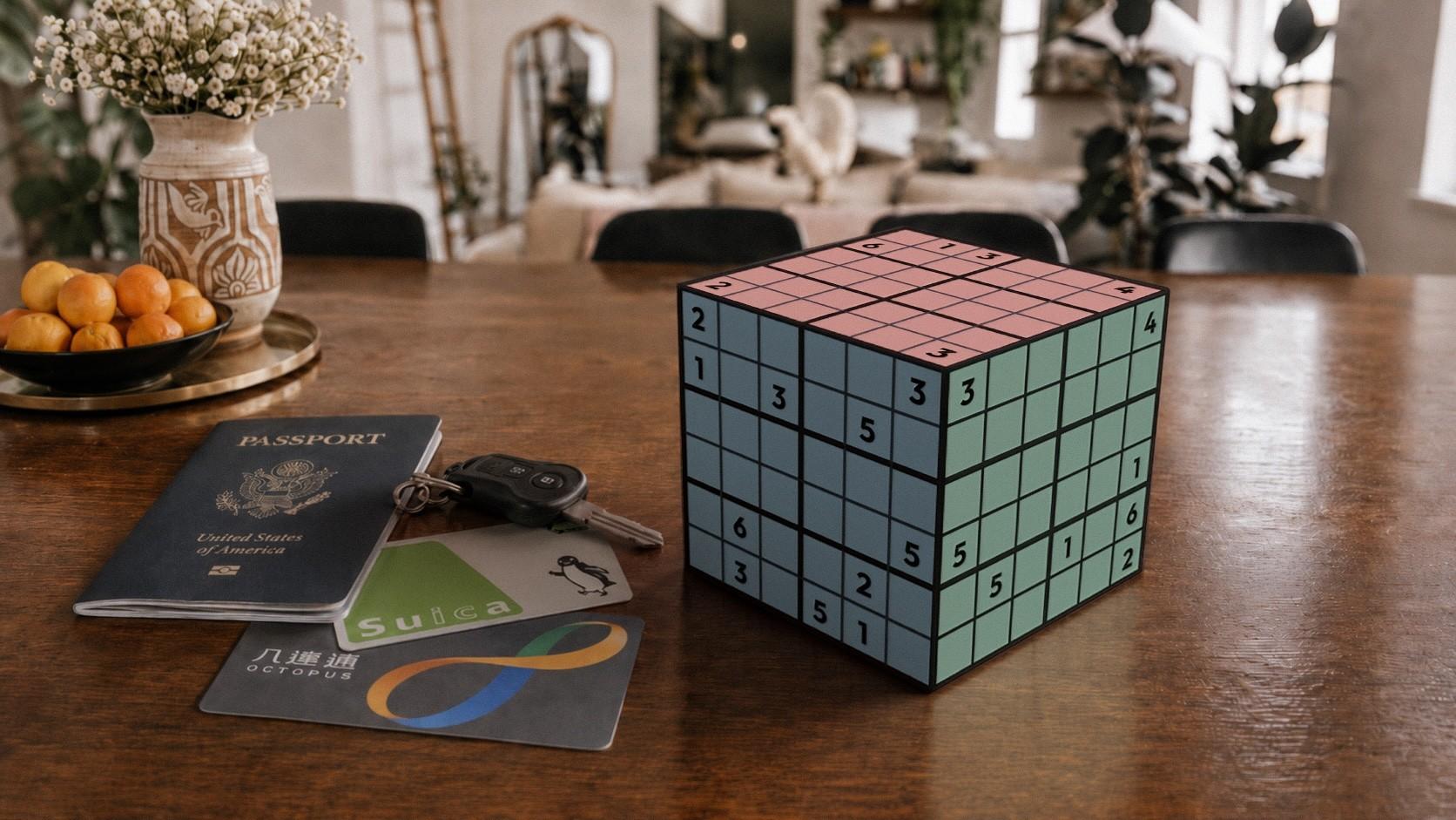 A printed ZudoCube on a walnut table beside a passport and keys